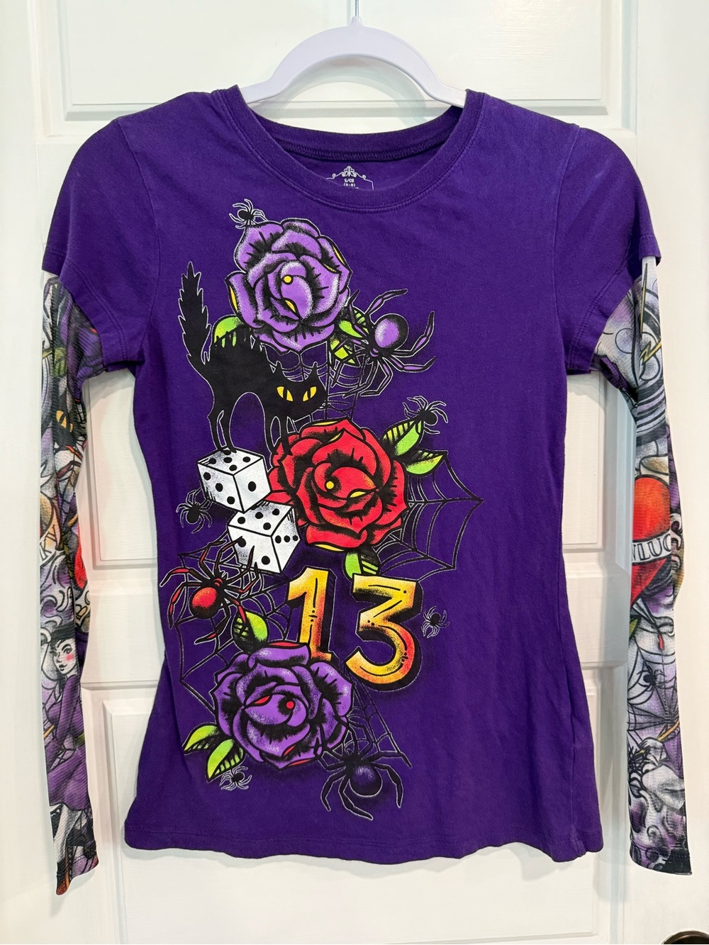 Women’s Lucky 13 Halloween Tattoo Sleeve Shirt Purple Black Cat Roses Small